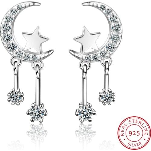 New Luxury Micro CZ Moon Star Tassel Earrings For Women Girl 925 Sterling Silver Earrings boucle d'oreille S-E607