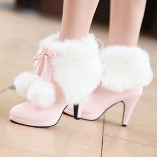 Winter fashion new sweet hair ball plus velvet warm womens boots wild comfortable high-heeled girl winter boots