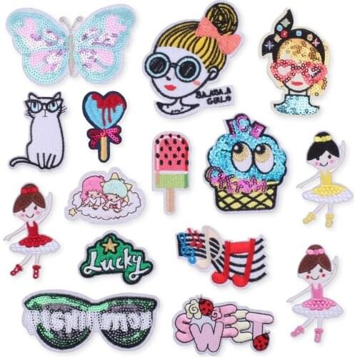 50pcs/lot Sequin Glasses Girl Butterfly Kitten Music Ladybug Letter Embroidery Patch Clothing Decoration Craft Diy Iron Applique