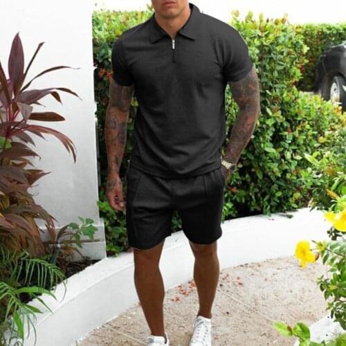 2021 Mens Lapel Plain Color Suit Fabric Sport Slim Fit Men Cotton Zipper Polo Short Sleeve Shorts 2 Piece Set