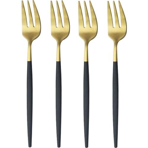 4Pcs Matte Cake Forks Black Gold Tableware Cutlery For Dessert Fruit Salad Fork Stainless Steel Dinnerware Kitchen Accessories
