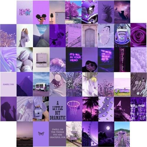 50Pcs Mature Elegance Temperament Pastel Violet Series Picture for Wall Collage Kit Cosmetic Bag Neon Word Postcard Hoom Decor