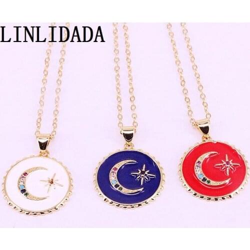 8Pcs Gold Filled Colorful CZ Micro Pave Moon with Enamel Round Pendant Necklaces for Women Jewelry
