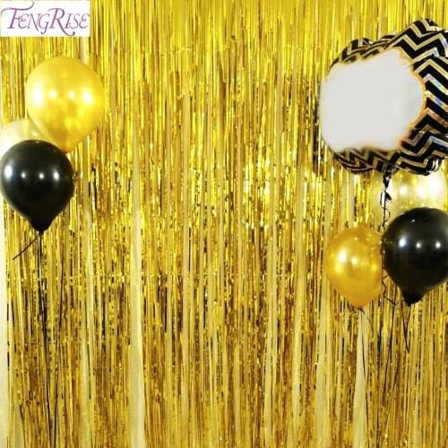 FENGRISE 1x2 Meters Gold Foil Fringe Tinsel Curtain Tassel Garlands Wedding Photography Backdrop Birthday Party Decoration