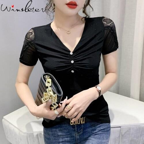 Summer Korean Style Mesh T-Shirt Fashion Sexy V-Neck Lace Elegant Women Tops Short Sleeve Bottoming Shirt Slim Tees 2021 T14702A