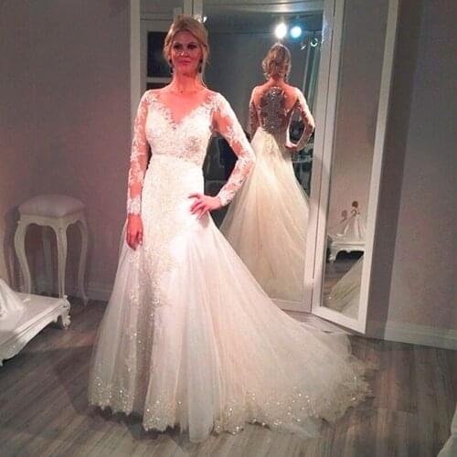 Illusion Long Sleeve Sparkly Sequined Lace Tulle Bride Wedding Dresses Sheer Neck Mermaid vestido de noiva Bridal Gowns