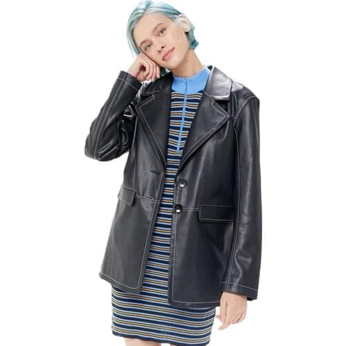 Female 2020 New Design Spring Autumn PU Leather Jacket Faux Soft Leather Coat Slim Black Rivet Button Motorcycle Black Jackets