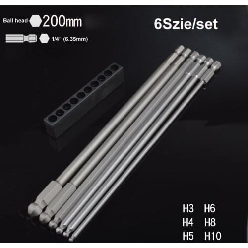 6pc Lengthen S2 Steel Magnetic Screw Driver Bit Set 200mm Length Ball Head Hexagon Screwdriver Set Hand Tool H3 H4 H5 H6 H8 H10