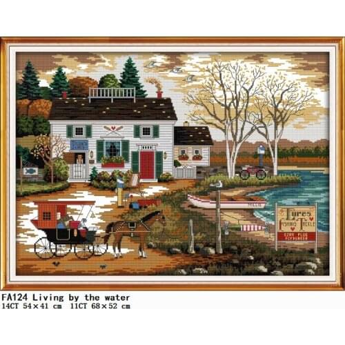 Cross Stitch Kits Stamped Living By The Water Patterns Counted Thread Home Decor Embroidery Needlework 11CT 14CT Painting Canvas