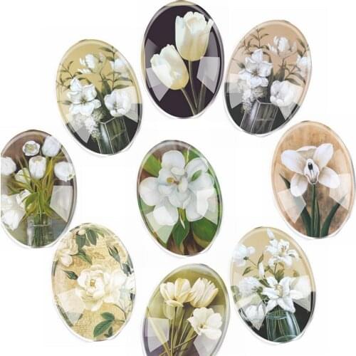 Handmade Glass Mix Size White Flowers Oval Flatback Cameo Cabochon Domed DIY Jewelry Charm Photo Pendant Setting