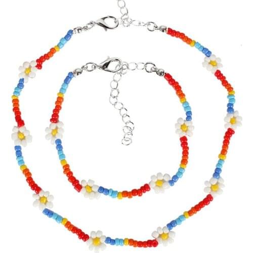 Flower Bead Necklace Bracelet Set Bohemian Style Bead Choker With Beaded Bracelet Jewelry Accessories Hawaii Party Dress Up