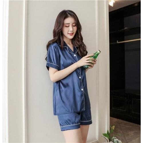 Spring solid color blue red silk pajamas women summer short-sleeved cardigan lapel two sets