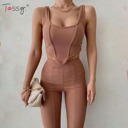 Tossy Casual Solid Ribbed Two Piece Set Slim Cami And Split Out Long Pants For Women Leggings Bodycon Fitness Female Outfits