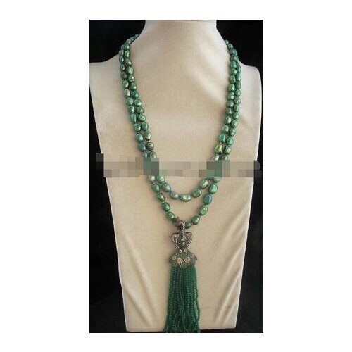 Freshwater pearl green baroque & jade peafowl clasp necklace 45"