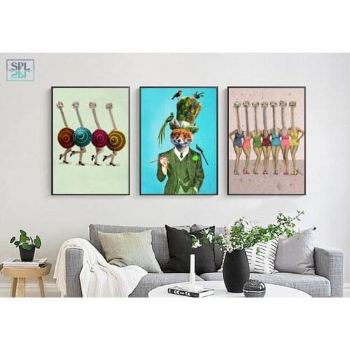 SPLSPL Frameless Nordic Style Home Decor Ostrich Fox Animal Decorative Painting Wall Art Print Canvas Painting and Poster