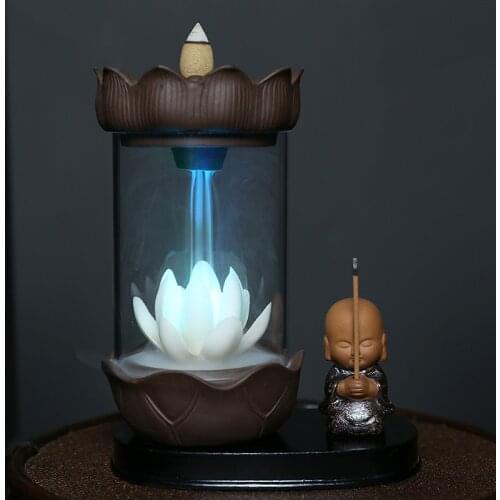 Color Changing LED Light Windproof Waterfall Incense Burner Zen Peaceful Monk Lotus Incense Stick Holder Lucky Home Decoration