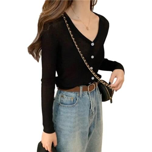 Crop top Women Solid Color Long Sleeve Button Down V Neck Ribbed Thin Blouse Cardigan woman tshirts женские футболки 2020