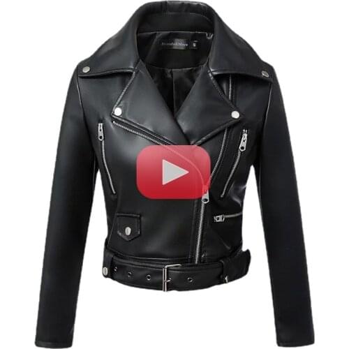New Women Autumn Winter Black Faux Leather Jackets Zipper Basic Coat Turn-down Collar Motor Biker Jacket With Belt