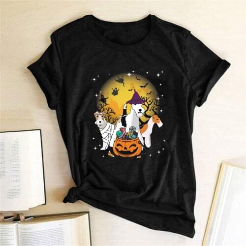 Dogs Pumpkin Bats Printed Halloween T-shirts Women Summer 2020 Harajuku Top Short Sleeve Graphic T Shirts Streetwear Femme
