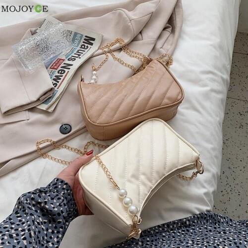 Women Shoulder Bag Embroidery Thread Leather Handbags Pearl Gold Chain Fashion Travel Casual Purse Small Square Bag