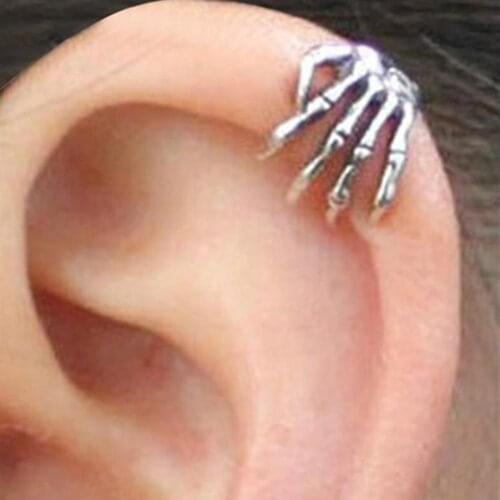1Pc Women Men Clip Earrings Unisex Punk Simple Design Silver Color Skeleton Finger Hand Ear Clip Ear Cuff