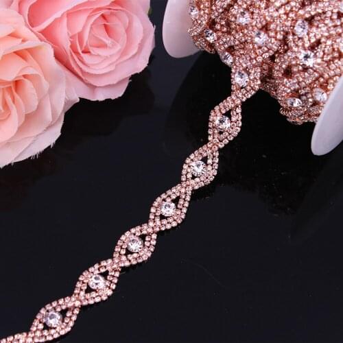 1Yard Fancy Rose Gold rhinestone trimming bridal crystal clear rhinestone patch appliques for wedding dress belt DIY sew on
