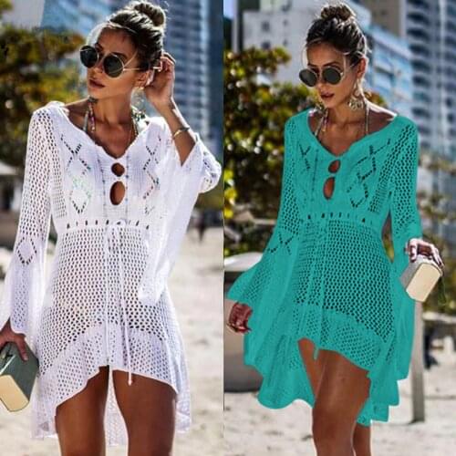 2019 Hollow Out Crochet White Beach Cover up dress Women Tunic Long Pareos Bikinis Cover ups Swim Cover up Robe Plage Beachwear