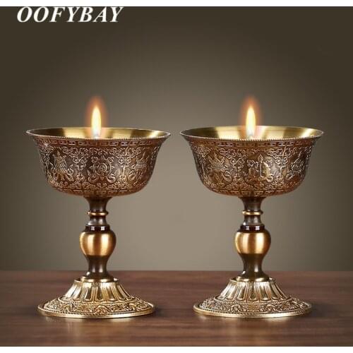 Pure Copper Antique Embossed Eight Auspicious Oil Lamp Metal Candle Holders Buddha Dedicated Candlestick Home Decoration Crafts