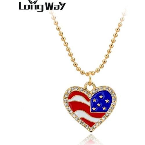 LongWay Zinc Alloy Nickle And Lead Free Gold Color Crystal Heart American Flag Beads Chain Long Necklace Sne150877103