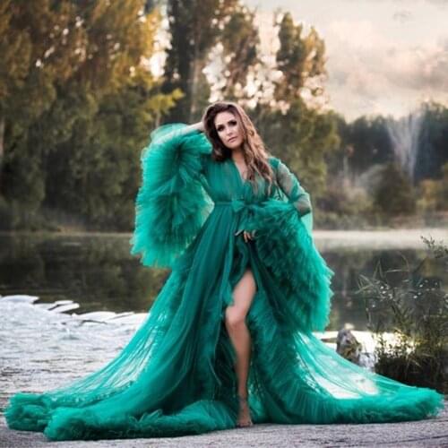 Illusion Ruffles Pregnant Women Photoshoot Shawl Dress Green Kimono Party Prom Gowns Sleepwear Bathrobe Ladies Nightgown Robe