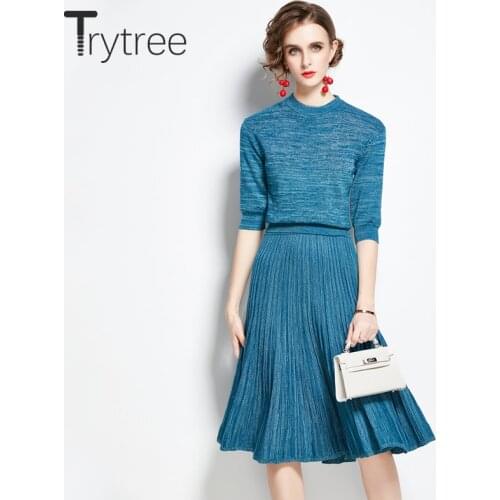 Trytree 2020 Summer Casual two piece Women Sets Short Top + Pleated Skirt Elasitc Waist Office Lady Knitted Suit 2 Piece Set