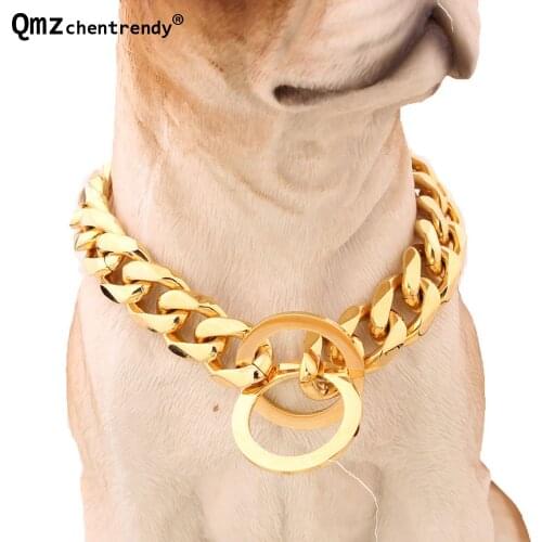 Hot sell 15mm 12-34 inch Gold Tone Double Curb Cuban Rombo Link Stainless Steel Dog Chain Necklace Collar Wholesale DropShipping