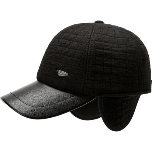 HT3736 Baseball Cap Leather Brim Men Winter Hat Thick Warm Earflap Cap 6 Panel Windproof Baseball Hat Father Grandfather Dad Hat