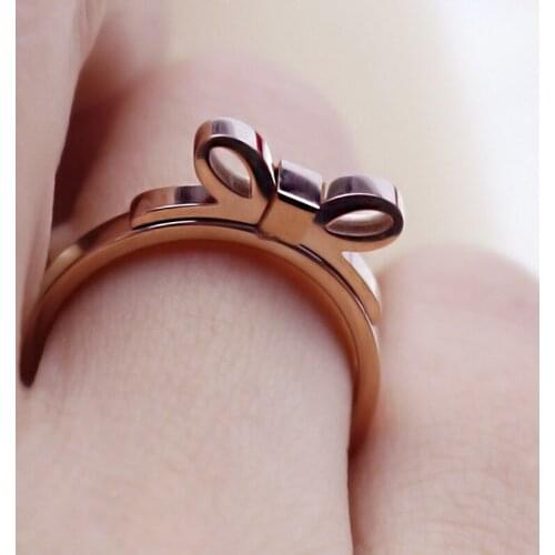 New hot shiny Rose Gold butterfly bowknot Titanium Steel Finger Ring Fashion Valentine Jewelry