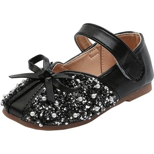 Toddlers Girls Shoes Princess Kids Flats With Rhinestone Bow-knot Pearls Beading Children Party Wedding Shoes For Girls 21-36