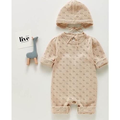 Korean Style Newborn Baby Boys Girls Hollowed Out Solid Color Knitted Long Sleeve Jumpsuit+Hat Spring Autumn Toddler Baby Romper