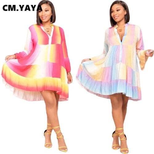 CM.YAYA Fall Autumn Women Mini Dress Print Full Sleeve Loose Vintage Bodycon Dresses Party Night Club Sexy Night Vestidos