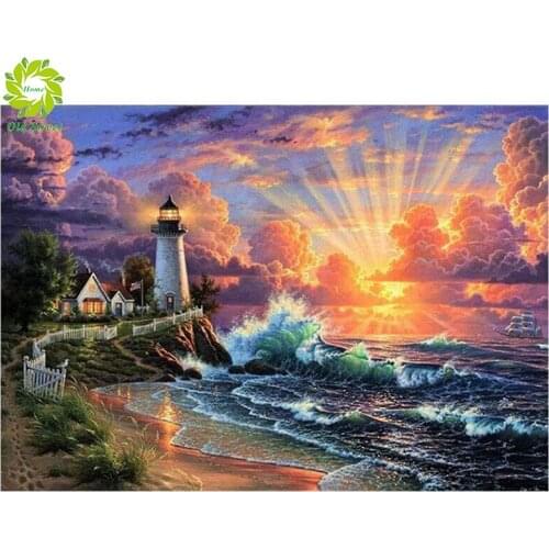 OSH Diamond Painting Cross Stitch Full Pebble Round Lighthouse Picture of Rhinestone DIY Diamond Mosaic Diamond Embroidery Sale