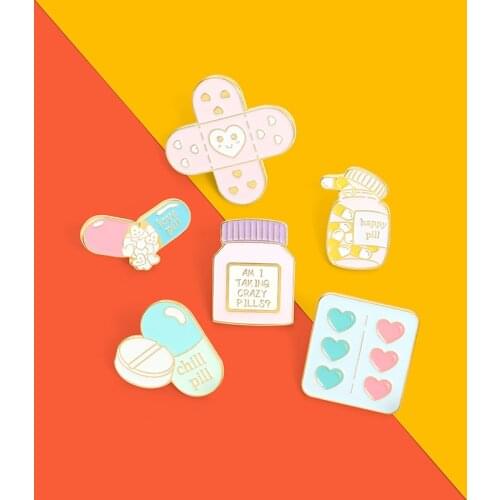 Happy Crazy Pill Healing Enamel Pins Custom Love Band Aid Brooch Lapel Badge backpack Bag Cartoon Jewelry Gift for Kids Friends