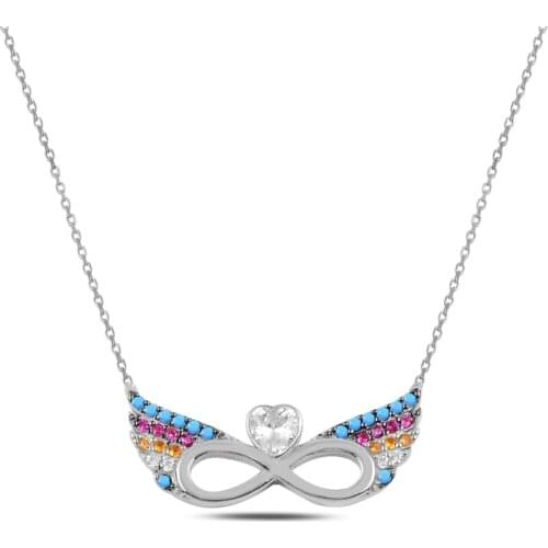 Silver 925 Sterling Infinity & Heart Colorful Zircon Stone Wing, Necklace