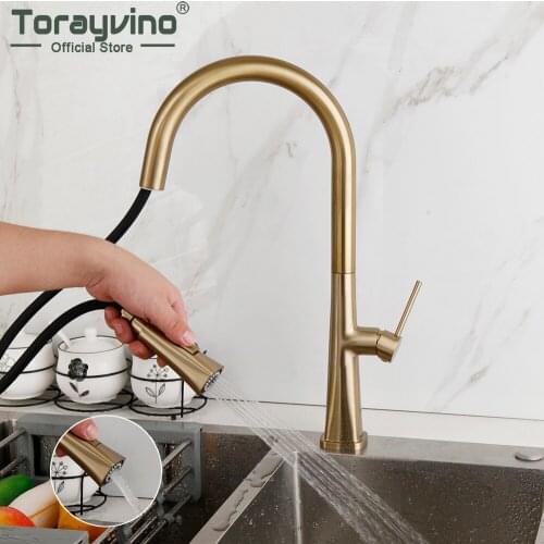 Torayvino Kitchen Faucet Brushed Gold Pull Down Basin Sink Single Handle Faucets Deck Mounted Hot And Cold Mixer Water Tap