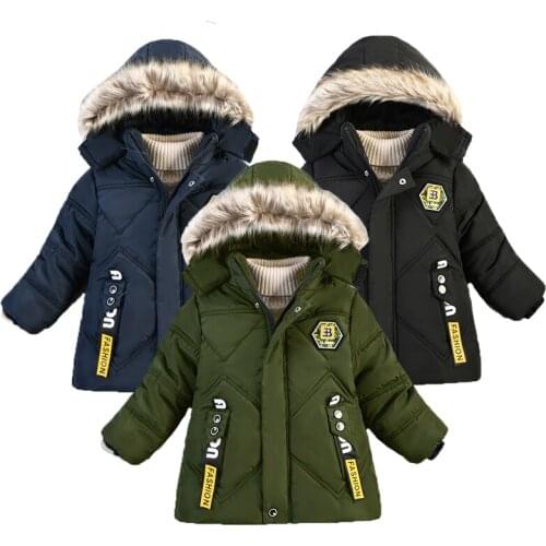 Boys Winter Long Plus Velvet Thick Warm Cotton Coat Fur Collar Fashion Letter Pattern Decoration Windbreaker Childrens Clothes