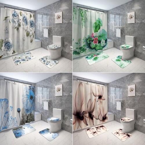 Beautiful Flowers Lotus Fabric Shower Curtains Bathroom Curtain Anti Slip Pedestal Rug Lid Toilet Cover Bath Mat Set Home Decor