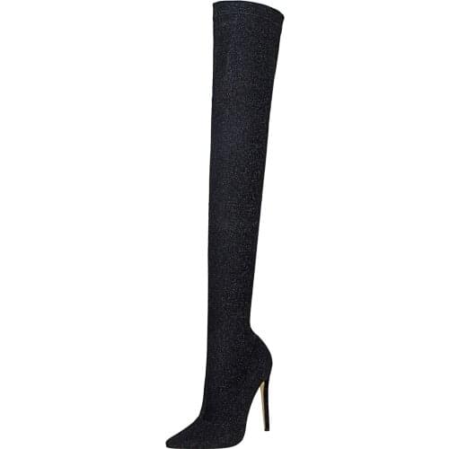 2020 Womens Black Thigh High Boots Stylish Sequined Fabric Shoes Sexy Point Toe 11.5cm Heel Over Knee Boots Ladies Party Shoes