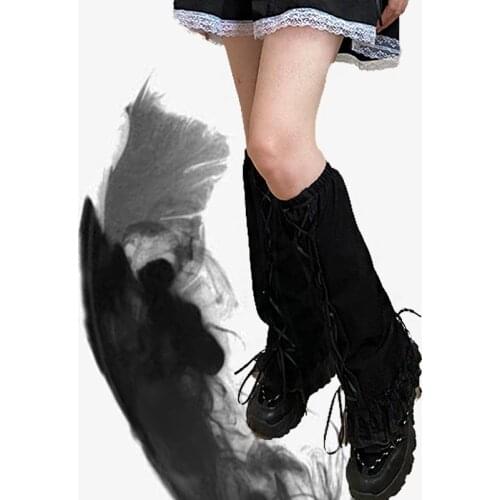 Lady Lace-up Ribbon Lace Leg Warmers Gothic Y2k Girl Street Leg Warmer Goth Long Socks Japanese Harajuku Black Plaid Foot Covers