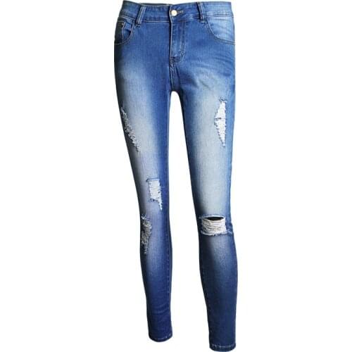 Womens Solid Color Jeans 2021 New Fashion Slim Pencil Pants Sexy Casual Hole Ripped Design Good Stretch