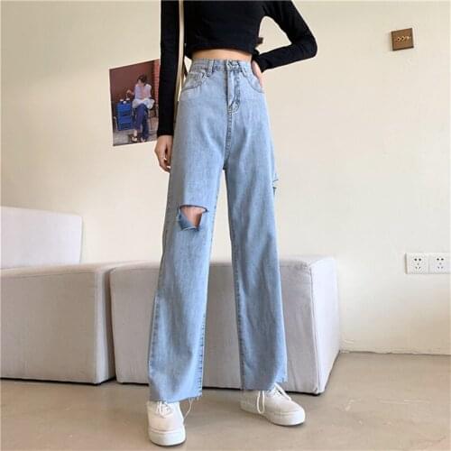 Woman Jeans Ripped High Waist Clothes Wide Leg Denim Clothing Streetwear Vintage Quality 2021 Fashion Harajuku Straight Pants