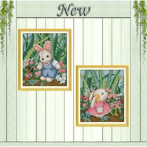 Lovely rabbit boy girl decor painting counted print on canvas DMC 11CT 14CT Chinese Cross Stitch kits embroidery needlework Sets