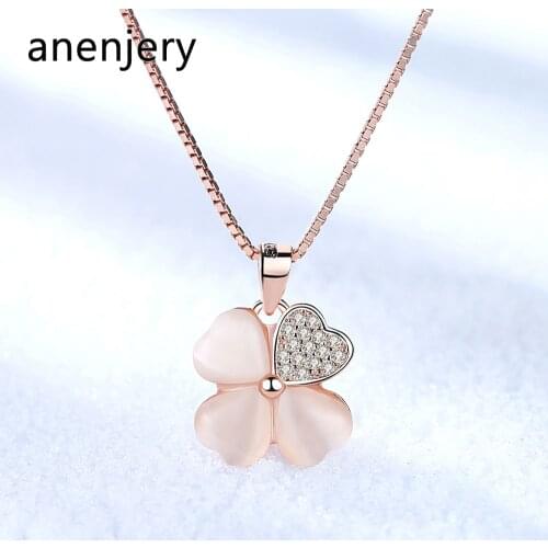 ANENJERY 925 Sterling Silver Sweet Powder Crystal Lucky Flower Pendant Necklace For Women Zircon 45cm Chain Necklace S-N361