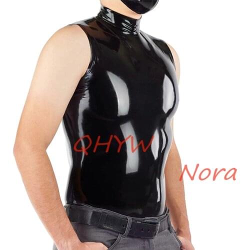 Black Latex Men Vest Top Classic Shirt High Collar Sleeveless Costume Male Tops Rubber Clothes 100% Handmade